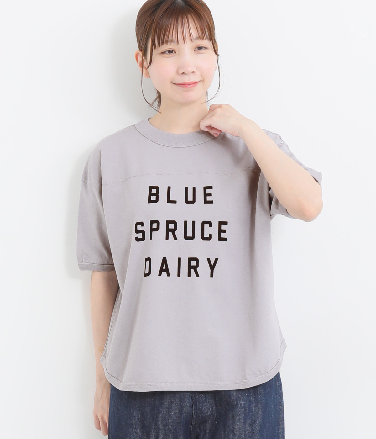 コットンアメリカンドライ天竺ヨークヘムラウンドプリントTシャツ(ヘザーグレー-ONESIZE)