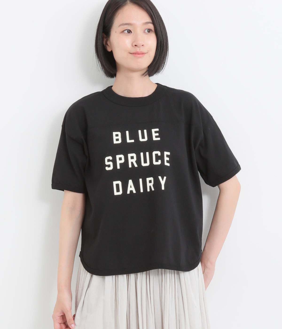 コットンアメリカンドライ天竺ヨークヘムラウンドプリントTシャツ(ブラック-ONESIZE)