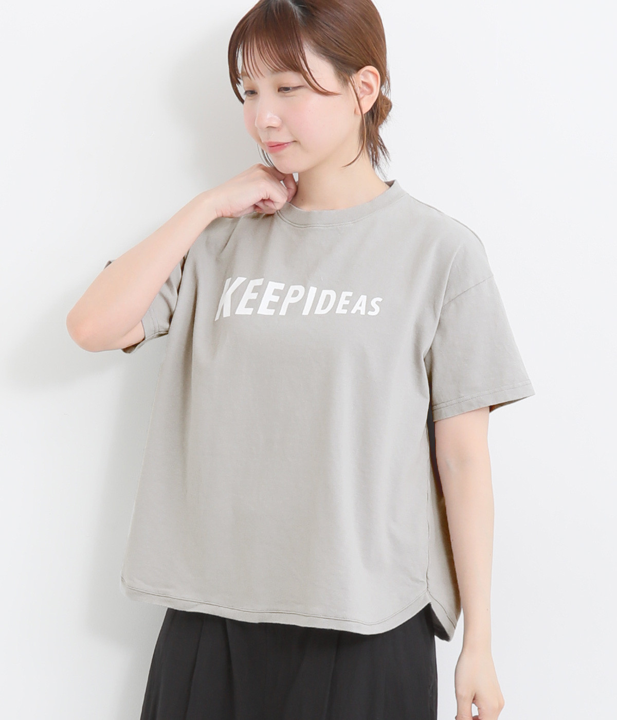 コットン天竺ヘムラウンドプリントTシャツ〈KEEPIDEAS〉(グレー-ONESIZE)