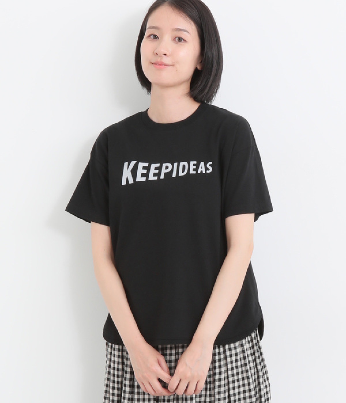 コットン天竺ヘムラウンドプリントTシャツ〈KEEPIDEAS〉(ブラック-ONESIZE)