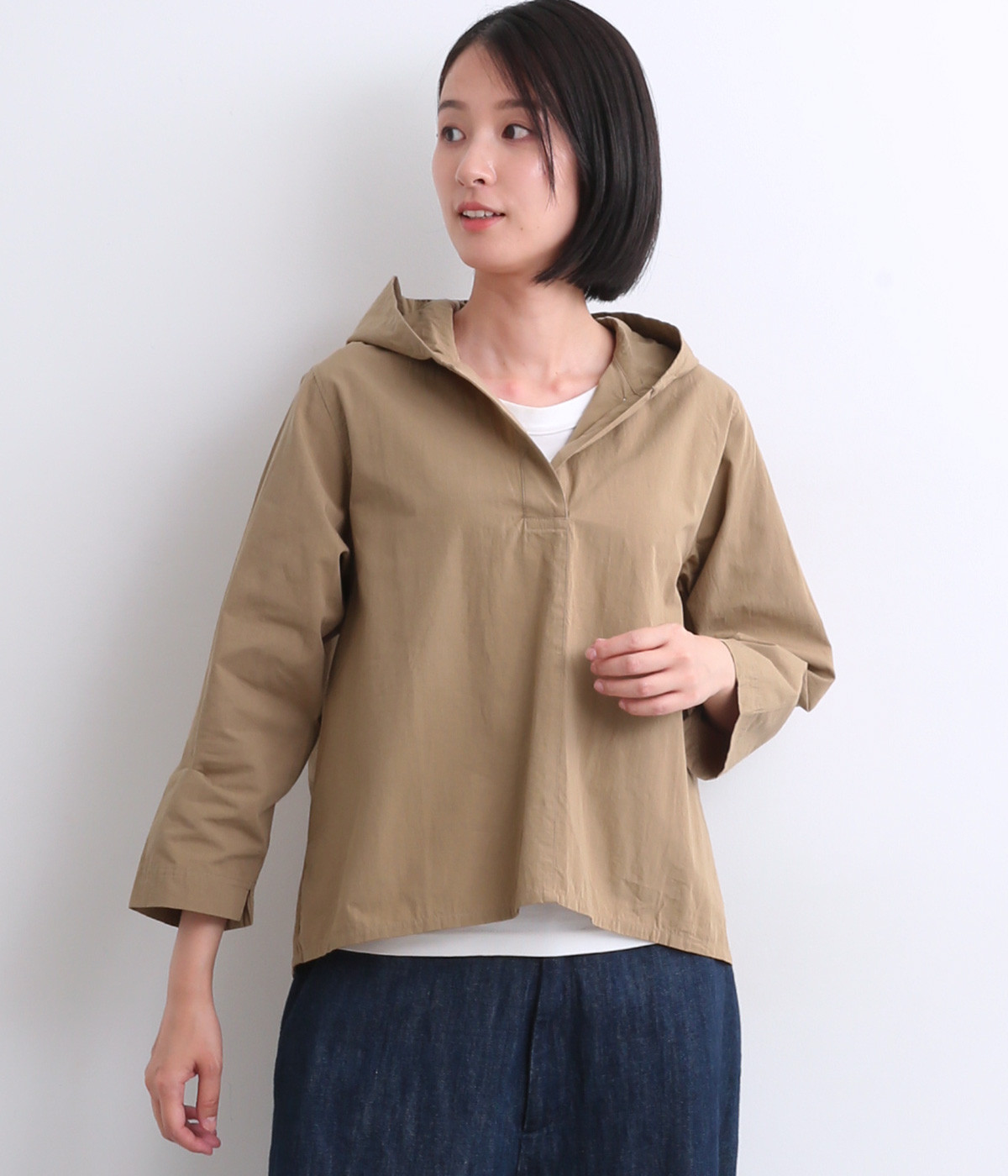 コットンヴィンテージポプリンバックタックヘムフーディプルオーバー(ベージュ-ONESIZE)
