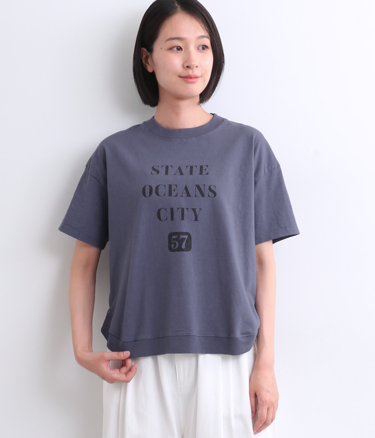 コットンアメリカンドライ天竺ヘムラウンドプリントTシャツ(ブルー-ONESIZE)