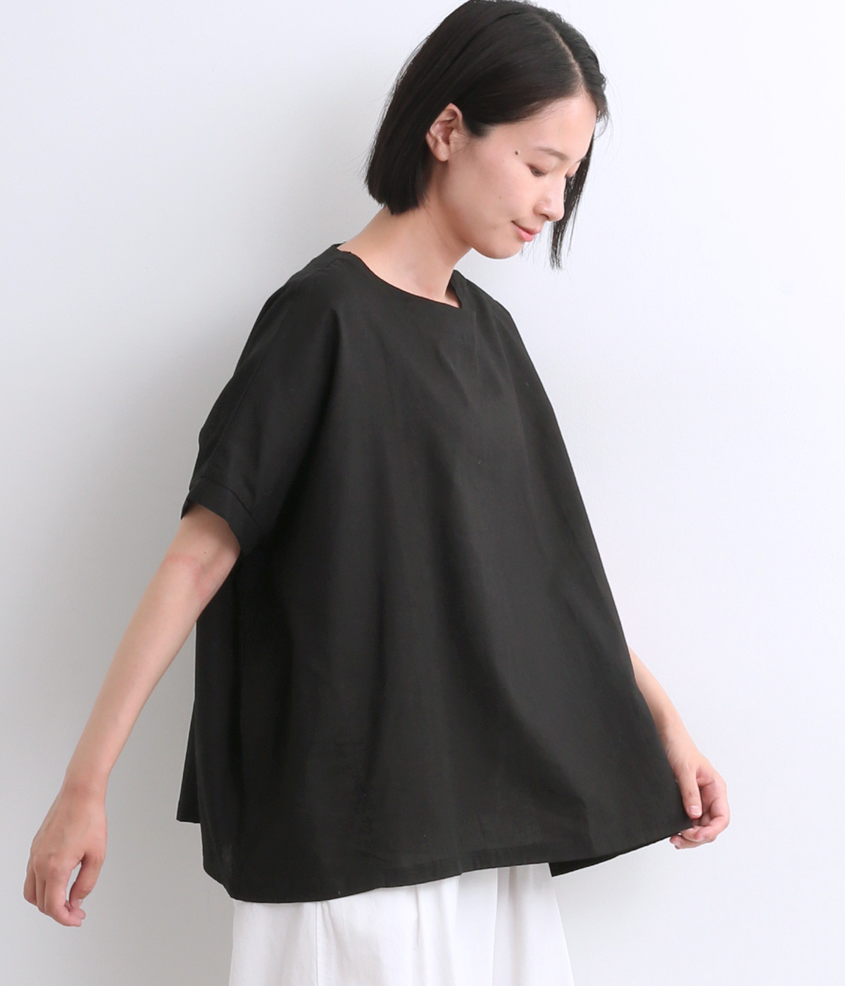 リネンコットンキャンバスノーカラーワイドプルオーバー(ブラック-ONESIZE)