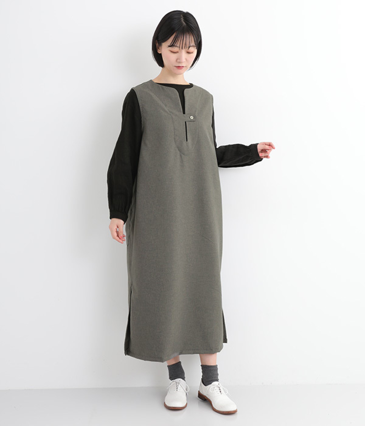 トロワッシャーフロントタブワンピースベスト(グレー-ONESIZE)