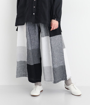 リネン先染めチェックワイドパンツ