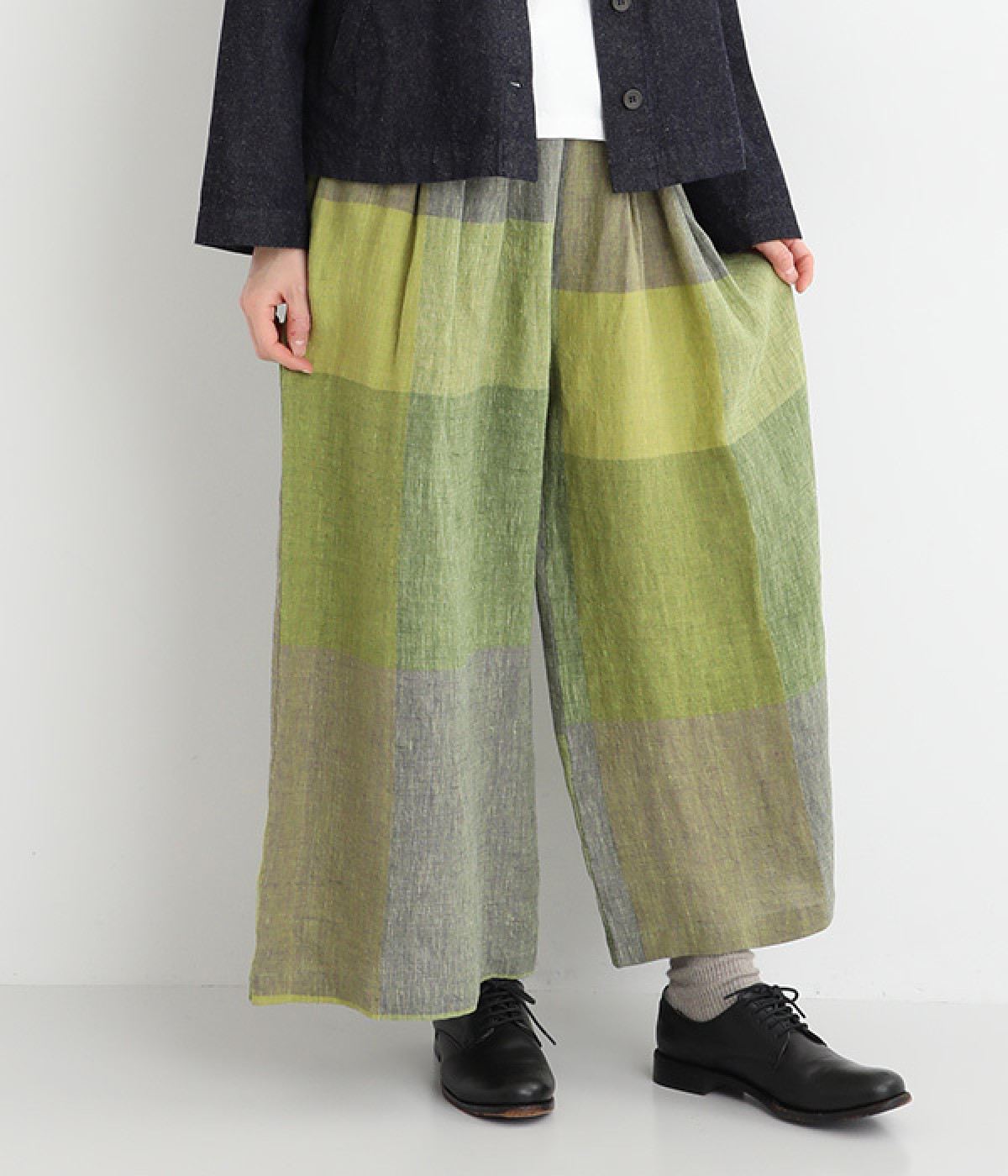リネン先染めチェックワイドパンツ(イエローグリーン-ONESIZE)