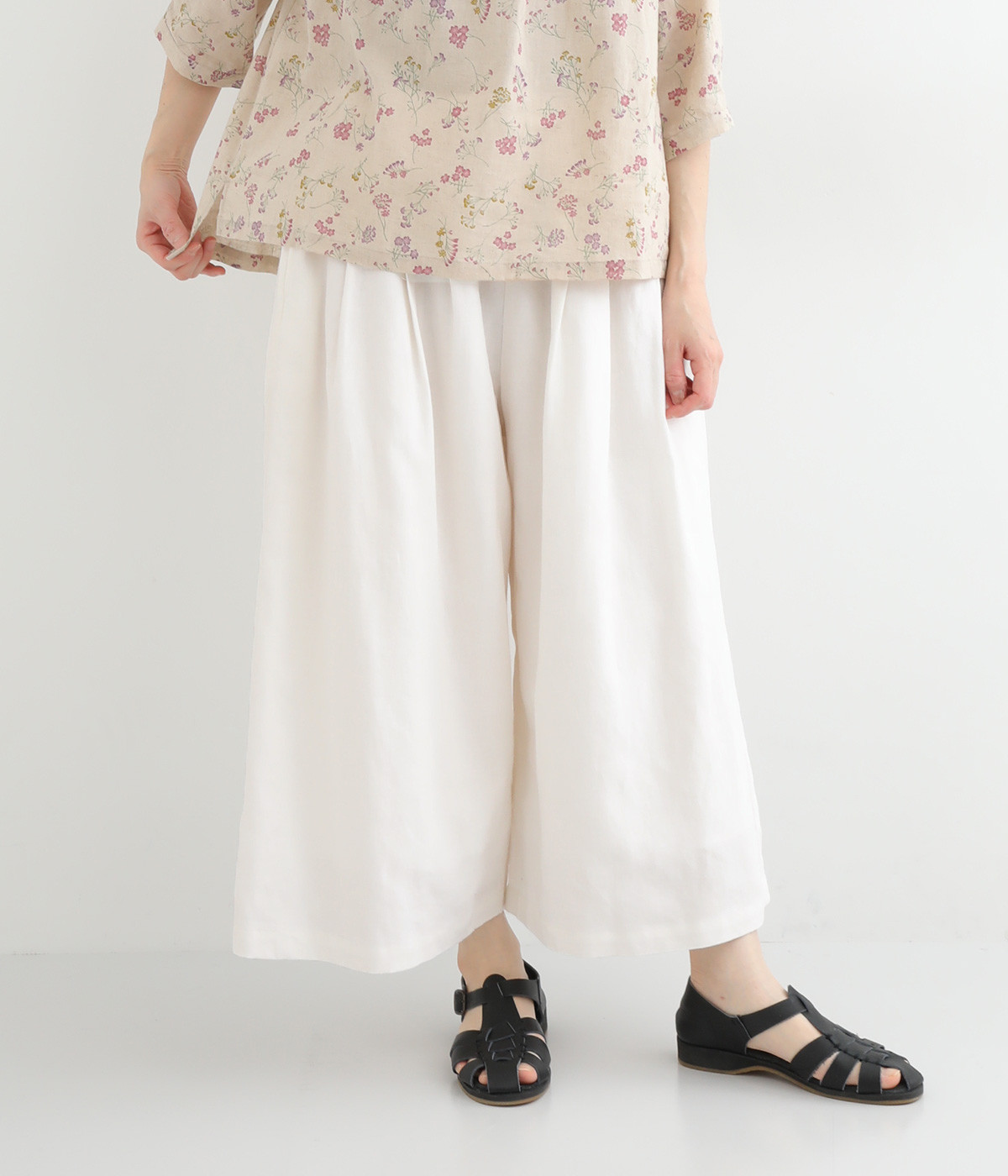 リネン綾織タックワイドパンツ(オフホワイト-ONESIZE)