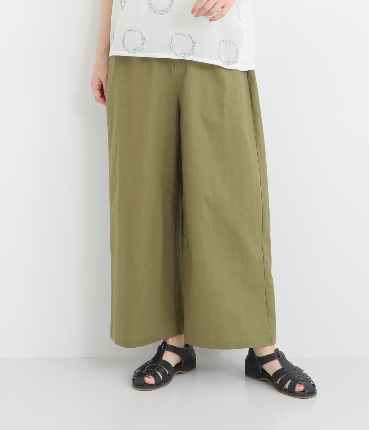 コットンリネンセミワイドパンツ(カーキ-ONESIZE)