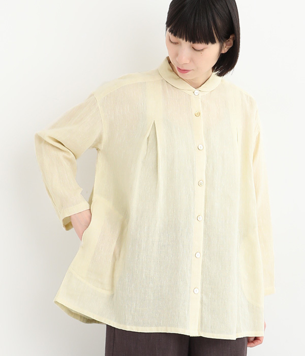 リネンコットンシャンブレー接結チュニックブラウス(イエロー-ONESIZE)