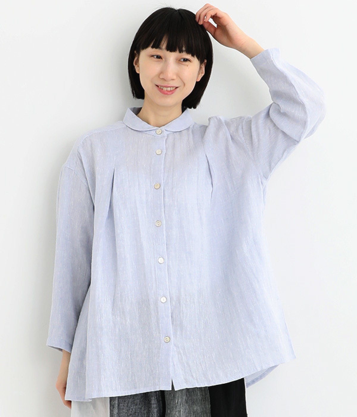 リネンコットンシャンブレー接結チュニックブラウス(ライトブルー-ONESIZE)