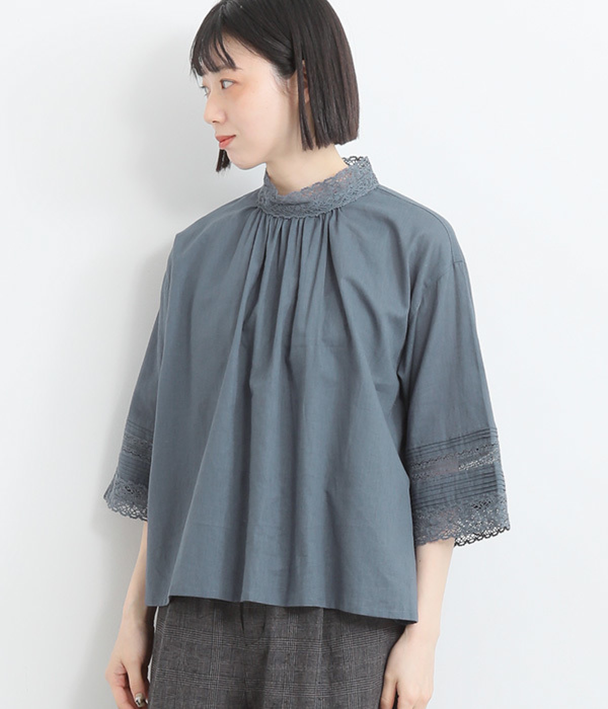 コットンリネンボイルレーシープルオーバー(グレイッシュブルー-ONESIZE)