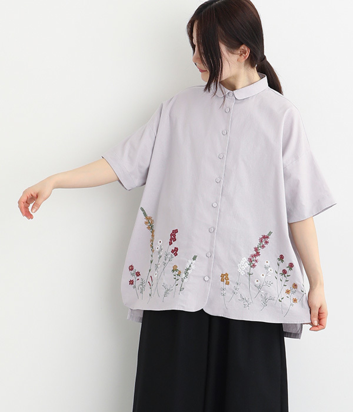 コットンリネン平織パーツ刺繍襟付きチュニックブラウス(グレイッシュピンク-ONESIZE)