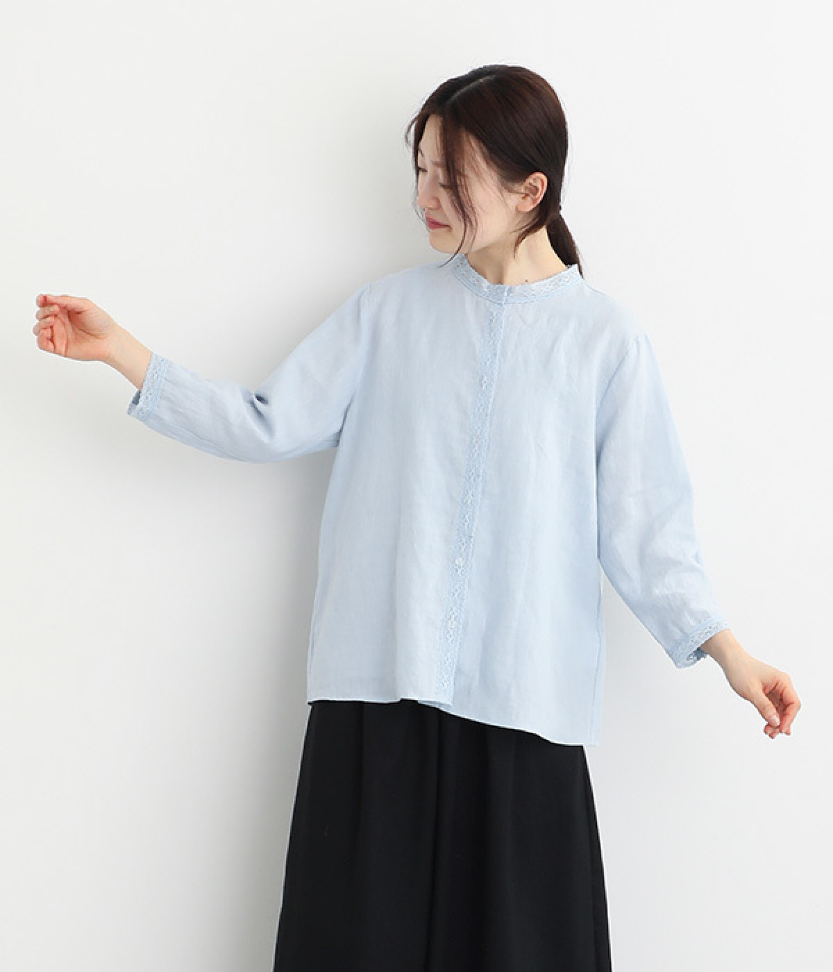 リネン平織レーシーブラウス(サックス-ONESIZE)