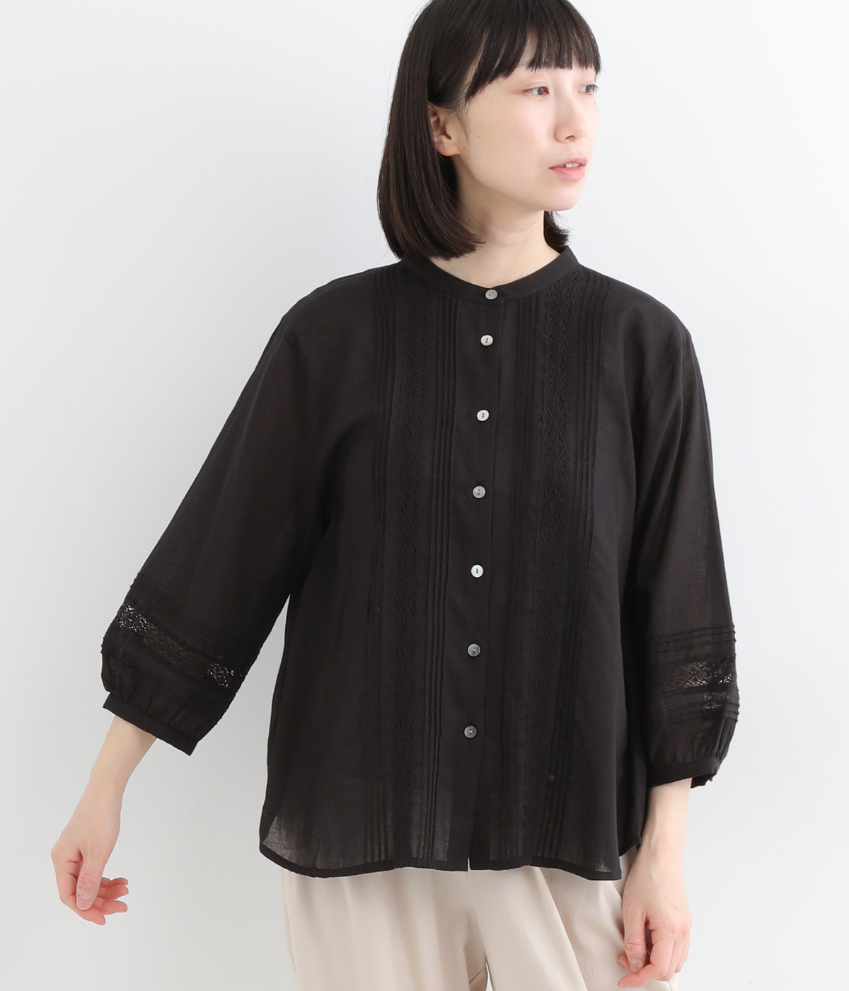 コットンボイルピンタックレースブラウス(チャコールグレー-ONESIZE)