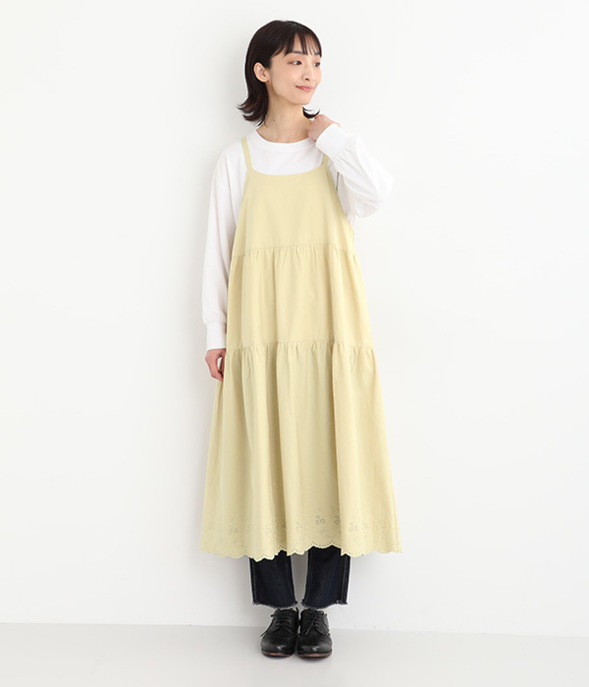 コットンツイル　スカラ刺繍キャミワンピース(ベージュ-ONESIZE)