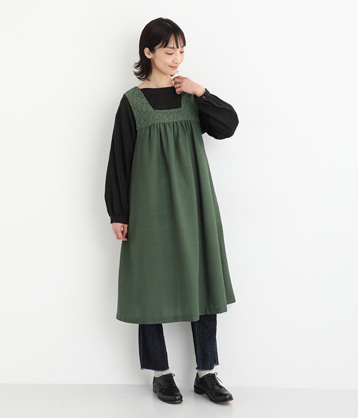 レーヨンリネンレース切替ジャンパースカート(グリーン-ONESIZE)