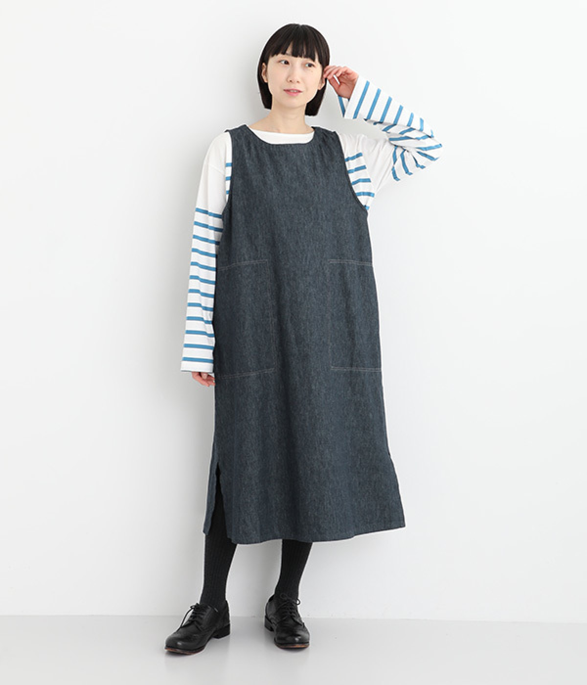 コットンリネンデニムジャンパースカート(ネイビー-ONESIZE)