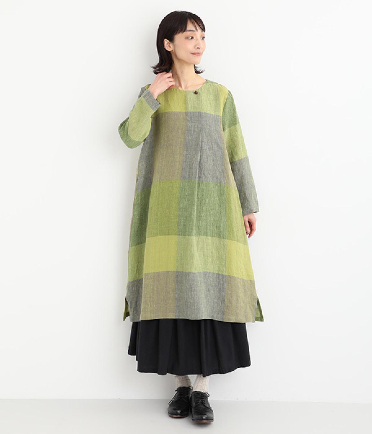 リネン先染めチェッククルーネックワンピース(イエローグリーン-ONESIZE)