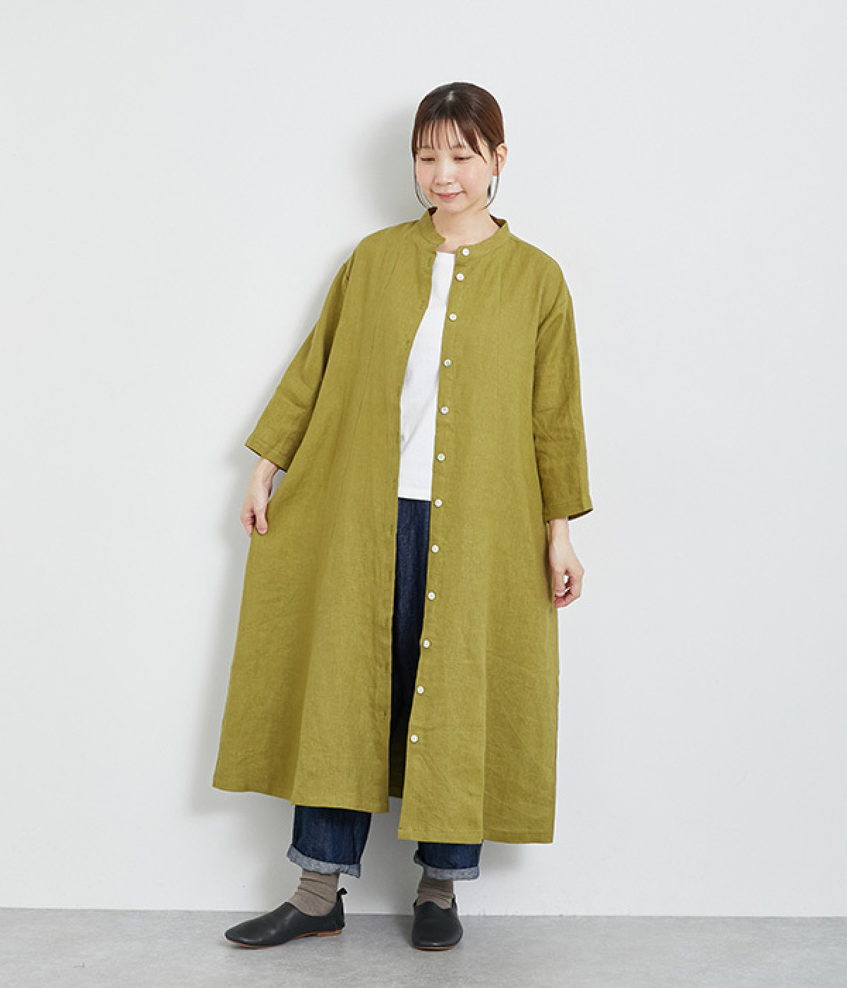 リネン切替前開きワンピース(オリーブ-ONESIZE)