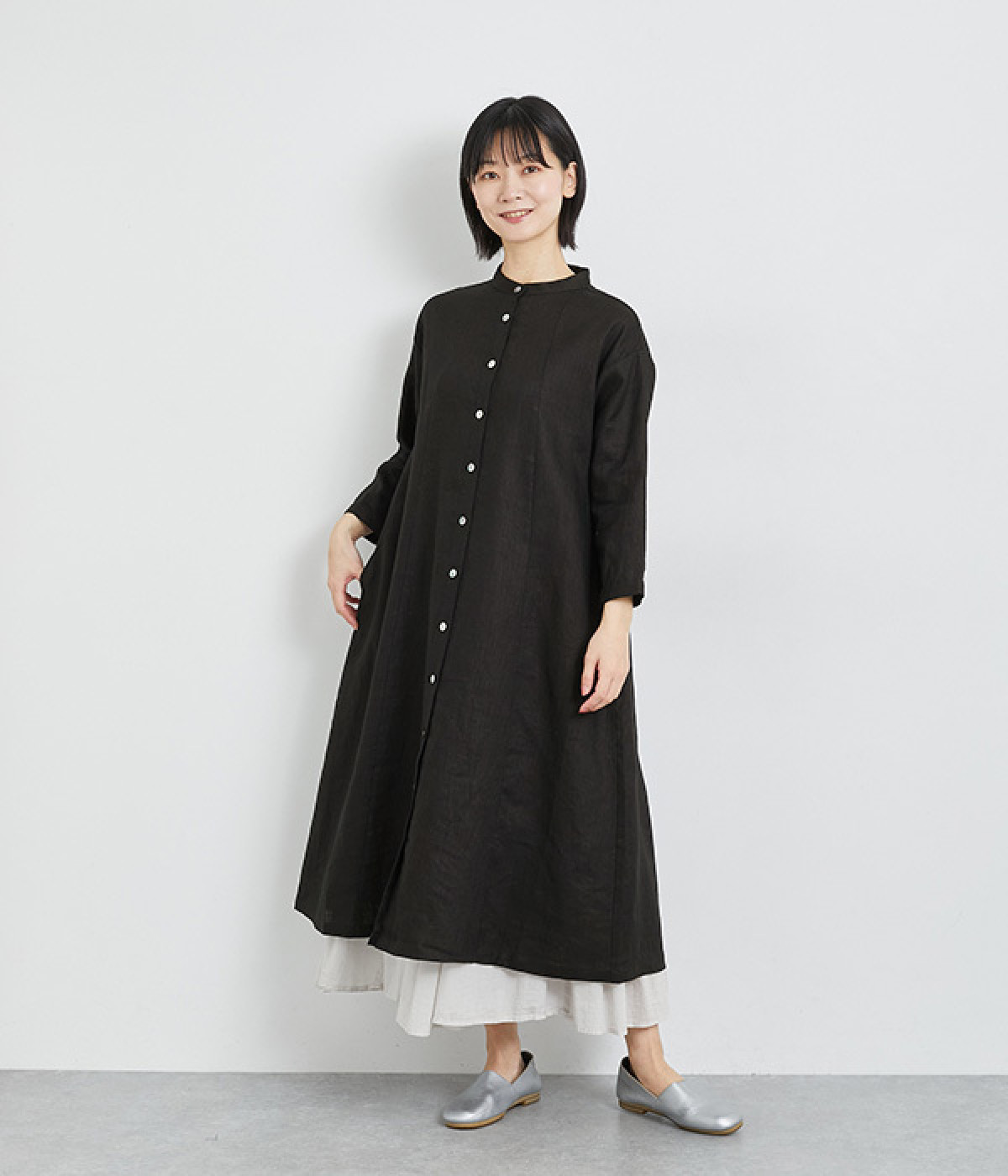 リネン切替前開きワンピース(ブラック-ONESIZE)