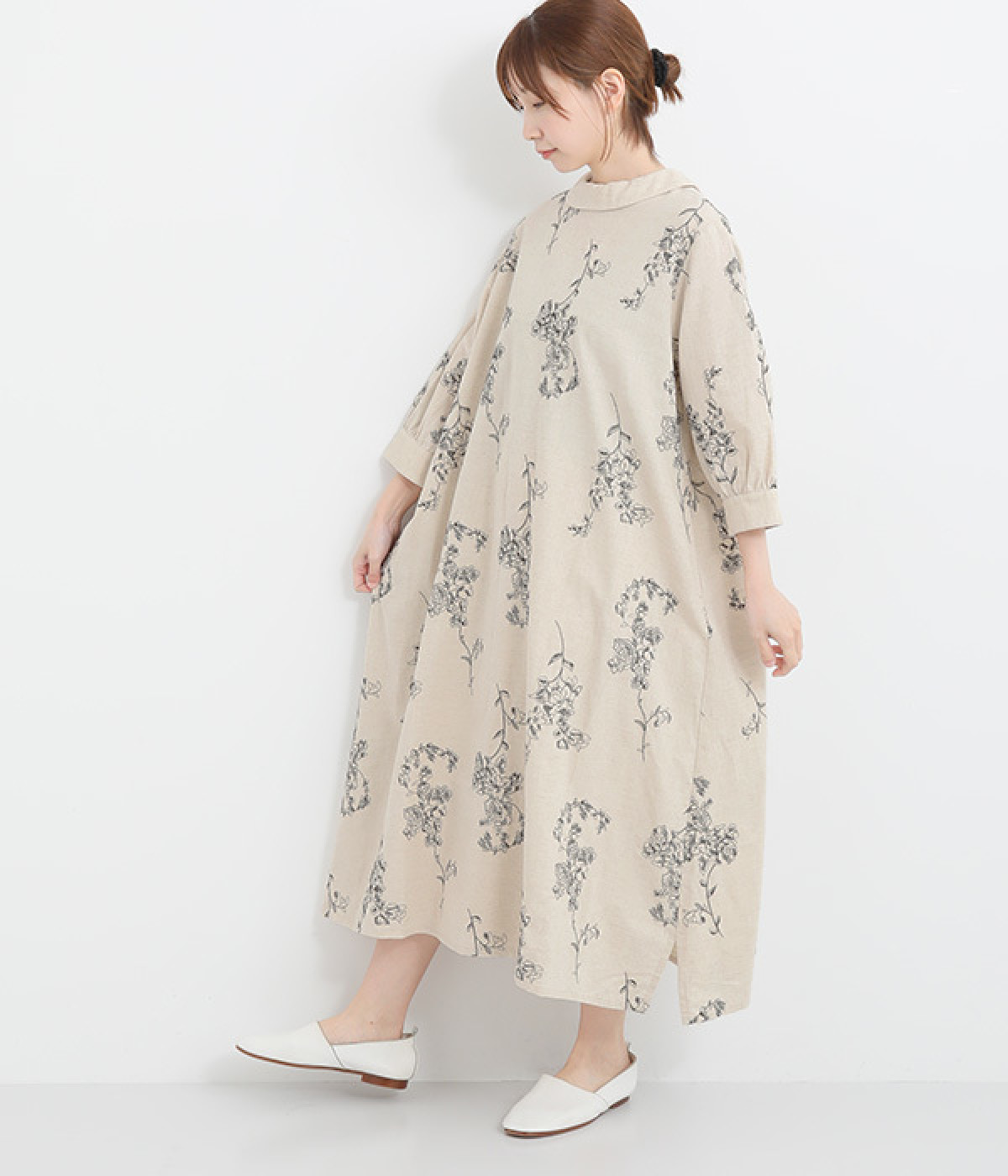 コットンリネン平織線画刺繍ターンカラー2wayワンピース(ナチュラル-ONESIZE)