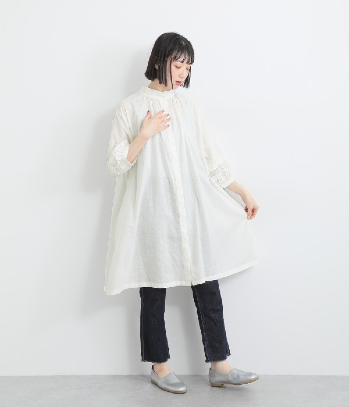 コットンリネンボイルアンティークワンピース(オフホワイト-ONESIZE)