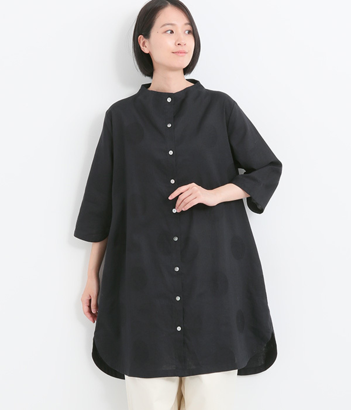 リネンコットンドットジャカードセミボトルネックワンピース(ダークネイビー-ONESIZE)