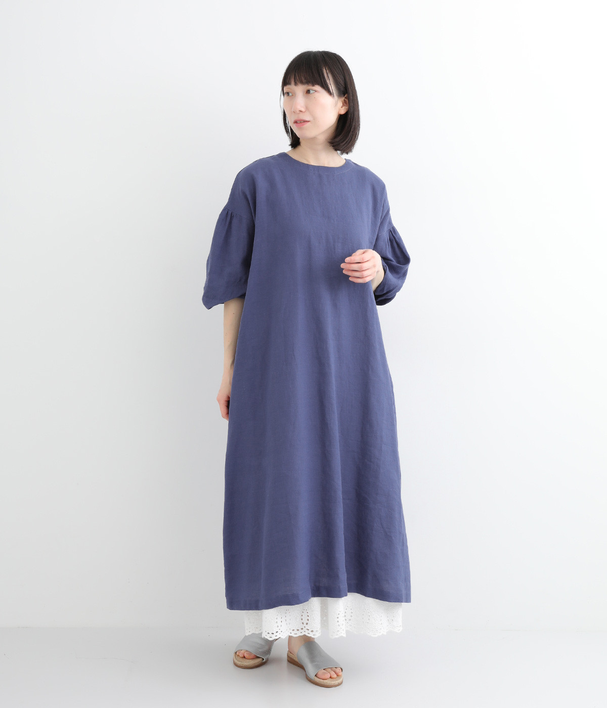 リネン平織ボリューム袖ワンピース(ブルー-ONESIZE)
