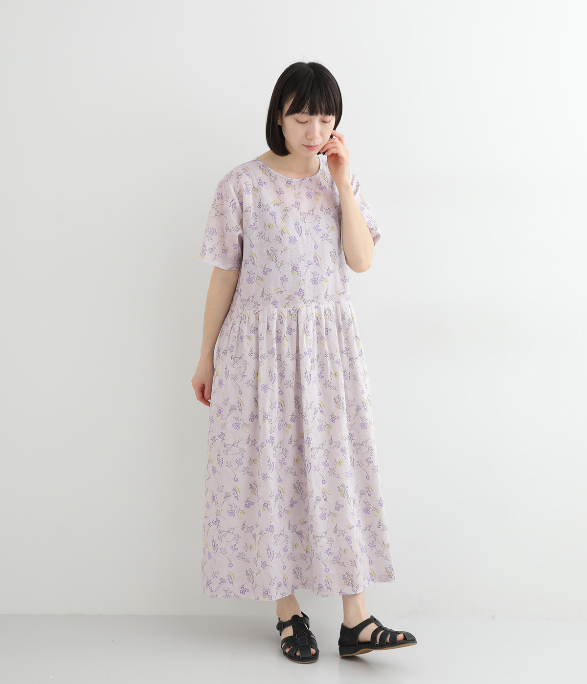 コットンリネン小花プリント切り替えタックワンピース(パープル-ONESIZE)