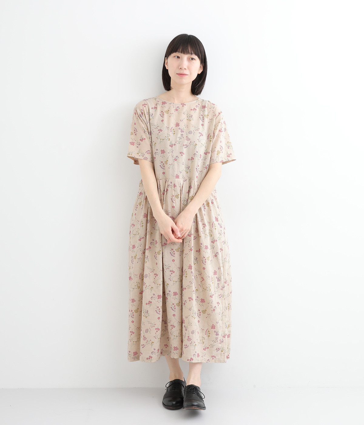 コットンリネン小花プリント切り替えタックワンピース(ピンク-ONESIZE)