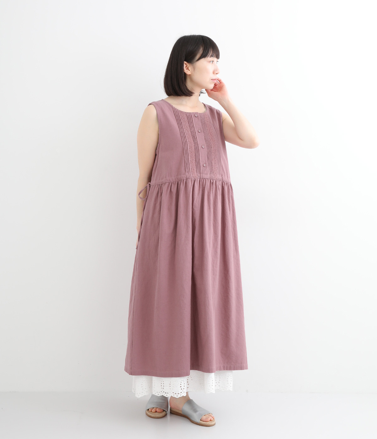 コットンリネンノースリーブピンタックワンピース(ローズ-ONESIZE)