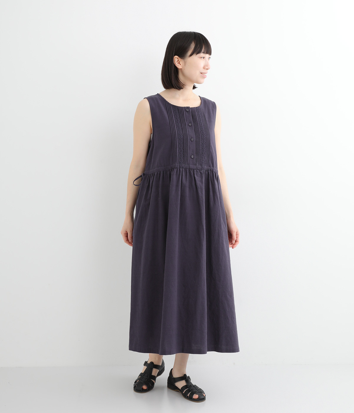 コットンリネンノースリーブピンタックワンピース(ネイビー-ONESIZE)