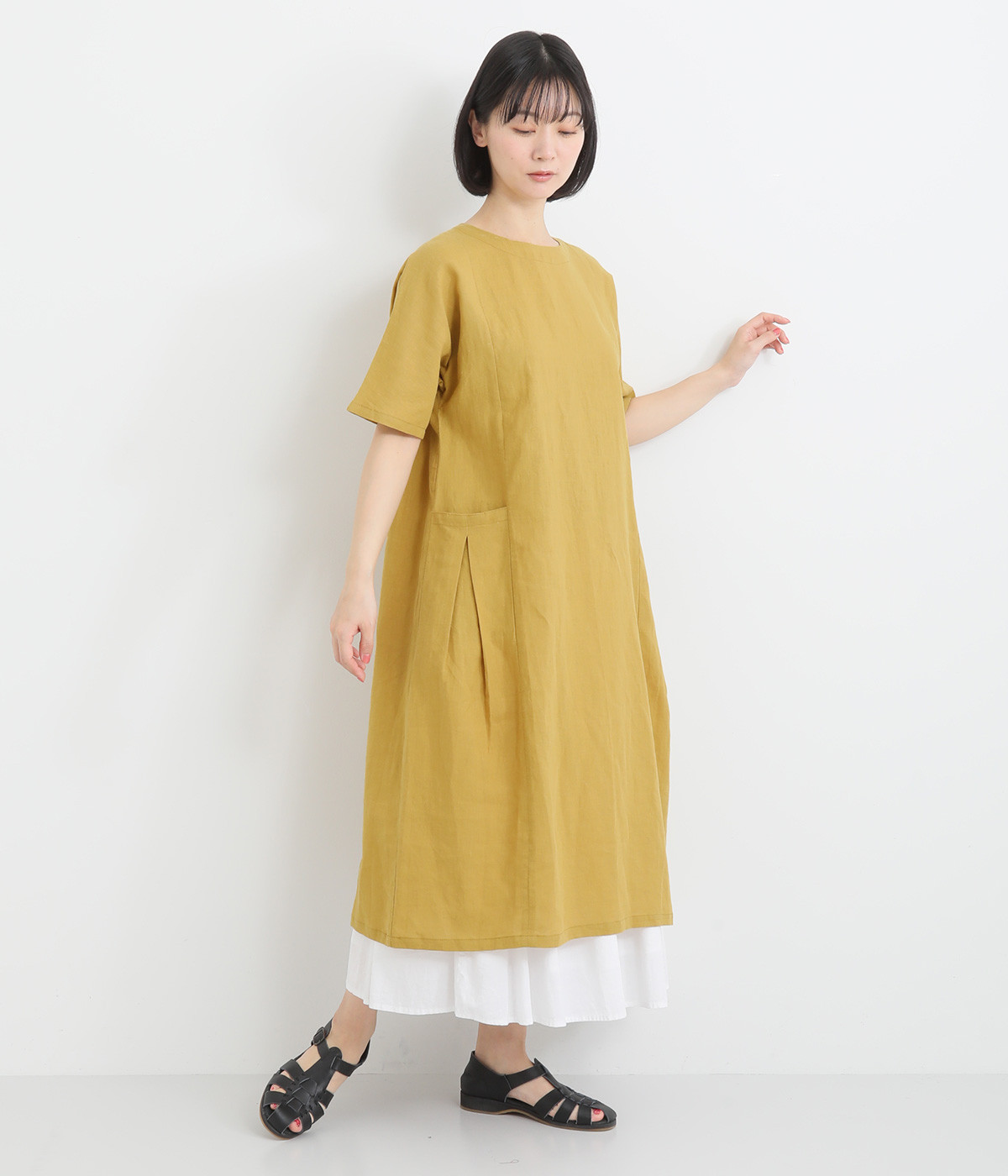 リネンクルーネックワンピ―ス(マスタード-ONESIZE)