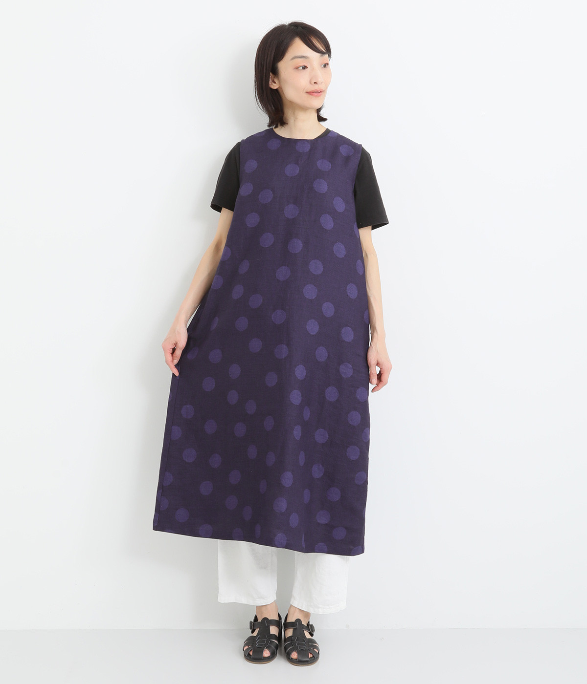 リネンドットプリントノースリーブワンピース(ナス紺-ONESIZE)