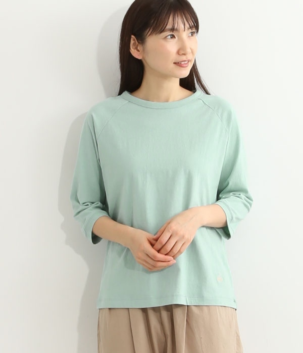 リサイクルコットン天竺ラグランTEE(7分袖)(レトログリーン-L)