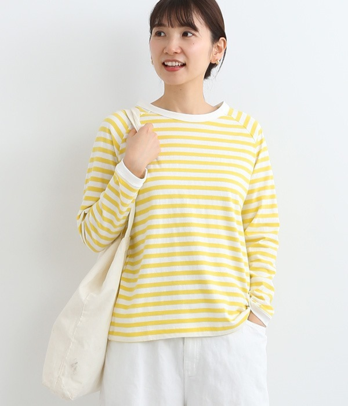 リサイクルコットン天竺ボーダーラグランTEE(長袖)(レモン×オフホワイト-M)