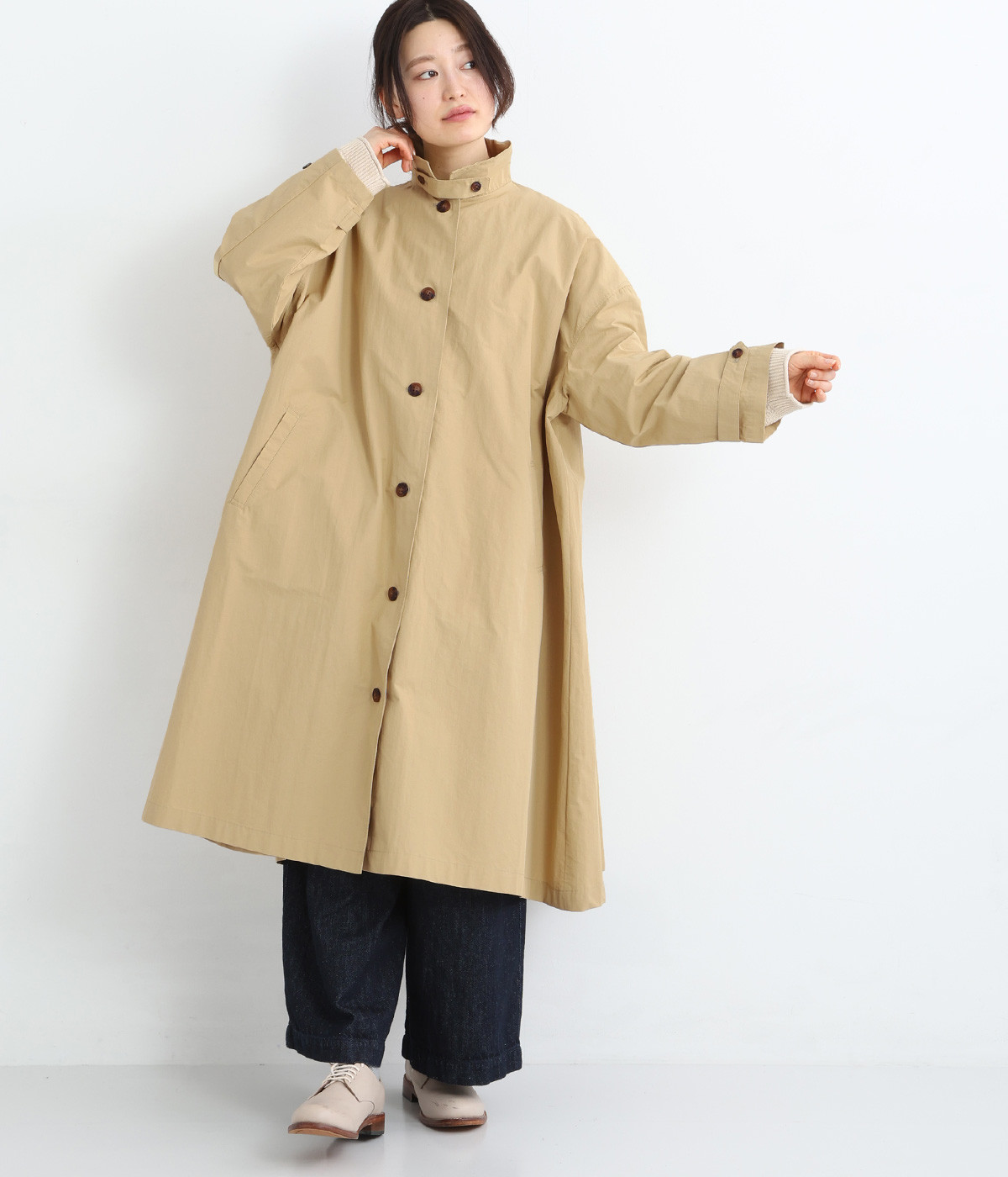 コットンナイロン ステンカラーコート(ベージュ-ONESIZE)