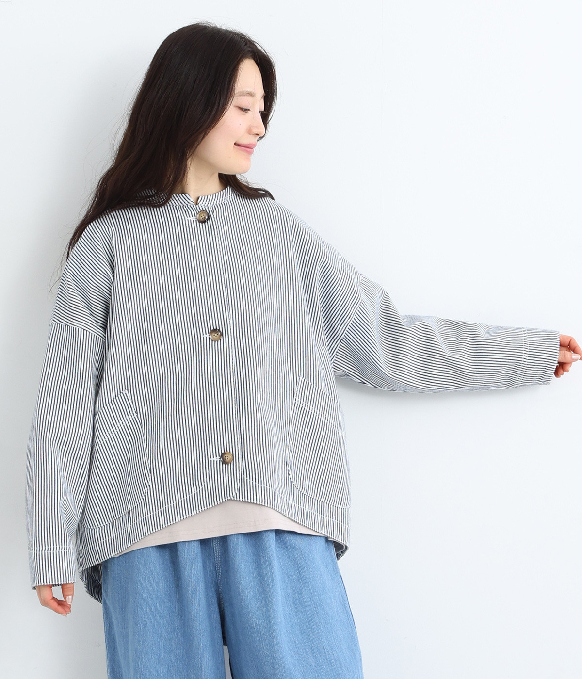 コットンリネンデニム ラウンドヘムジャケット(ヒッコリー-ONESIZE)