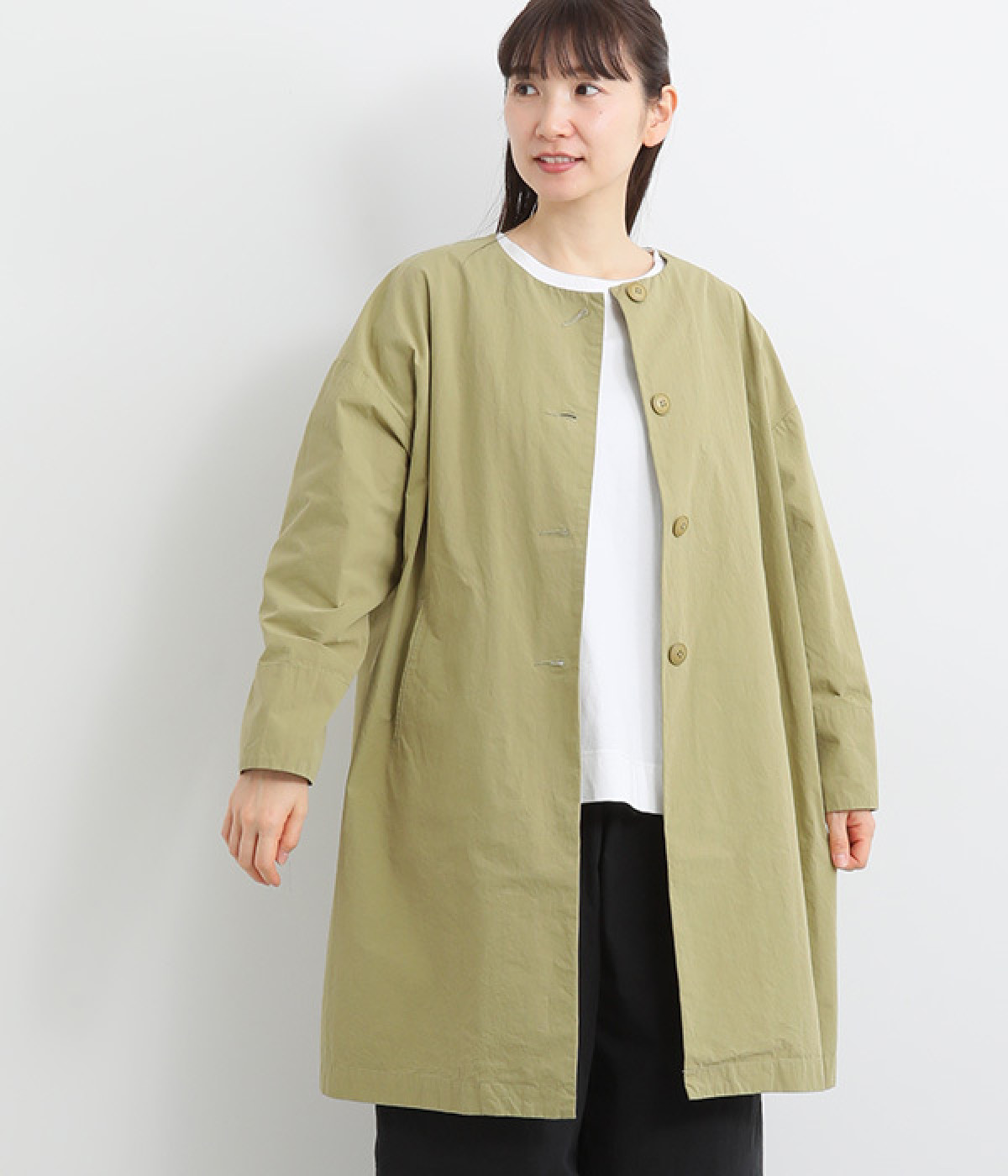 コットン ノーカラーサクラコート(ライトオリーブ-ONESIZE)