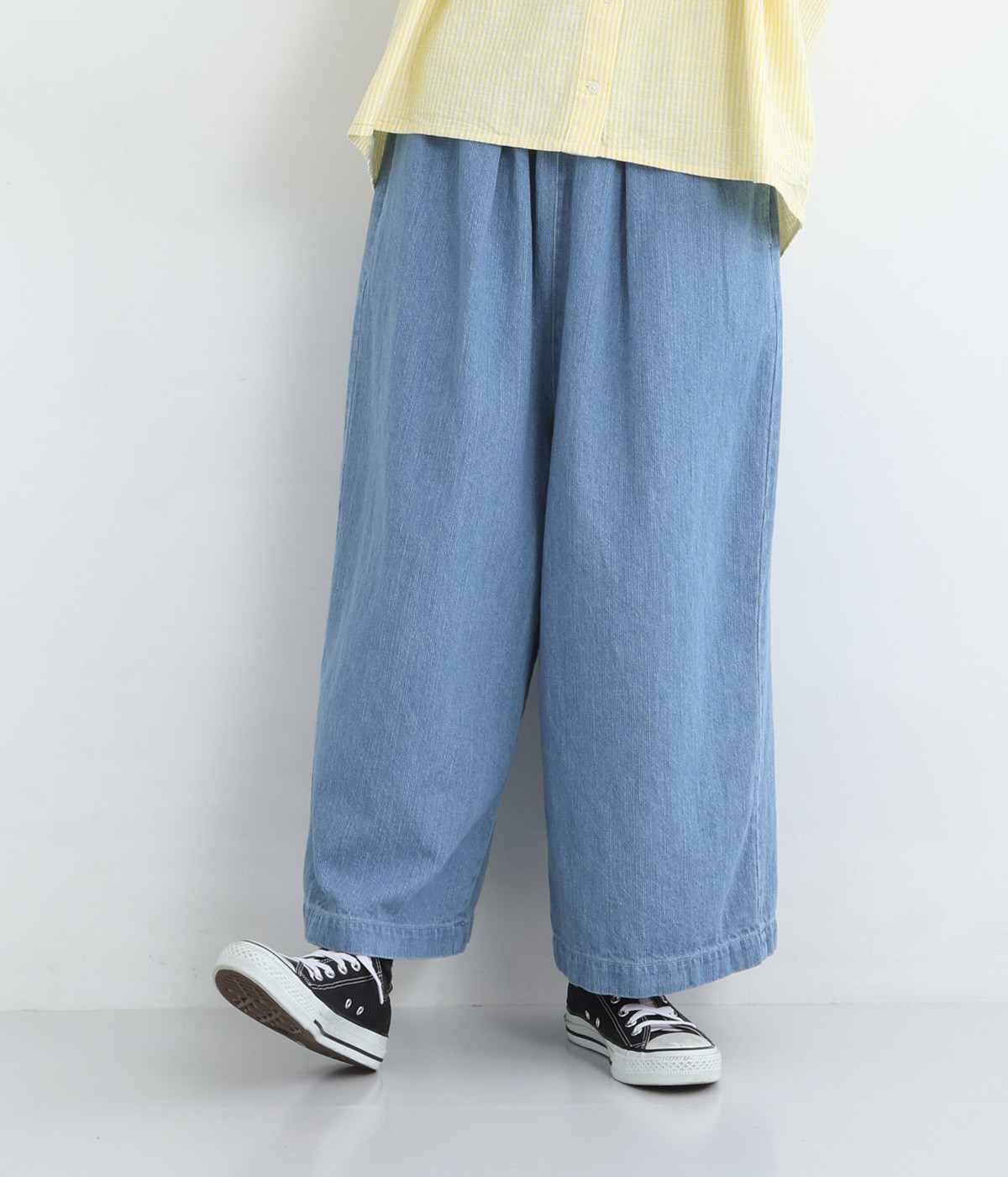 コットンリネンデニム 2タックワイドパンツ(ライトインディゴ-ONESIZE)