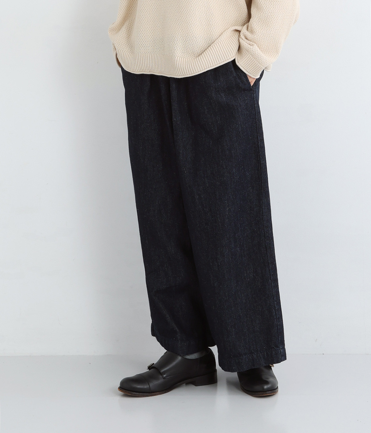 コットンリネンデニム 2タックワイドパンツ(ダークインディゴ-ONESIZE)