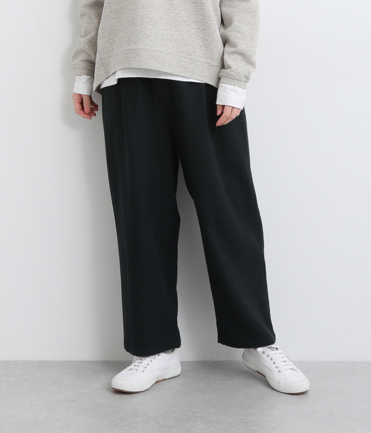 コットンリネンヘリンボーン ベイカーワイドパンツ(ブラック-ONESIZE)