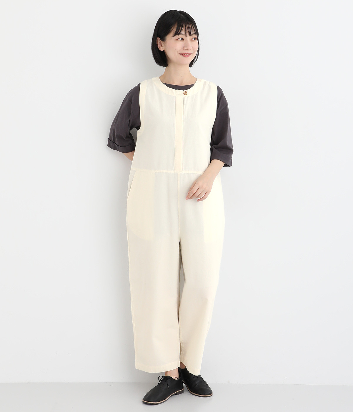 コットンリネンウェザークロス比翼前立てオールインワン(アイボリー-ONESIZE)