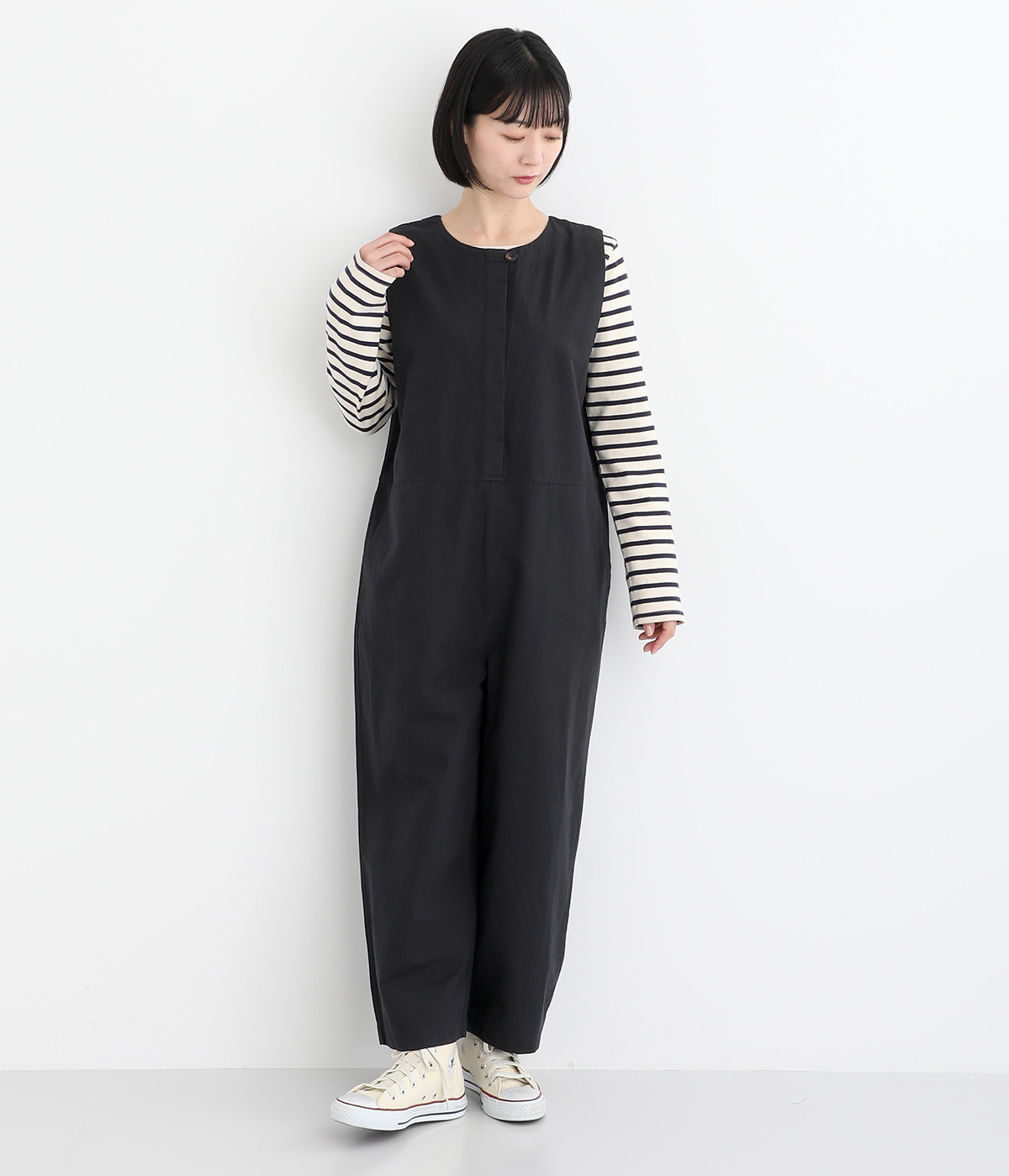 コットンリネンウェザークロス比翼前立てオールインワン(ブラック-ONESIZE)