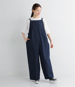 6オンスコットンリネンデニムBACKリボンサロペットパンツ(ダークインディゴ-ONESIZE)