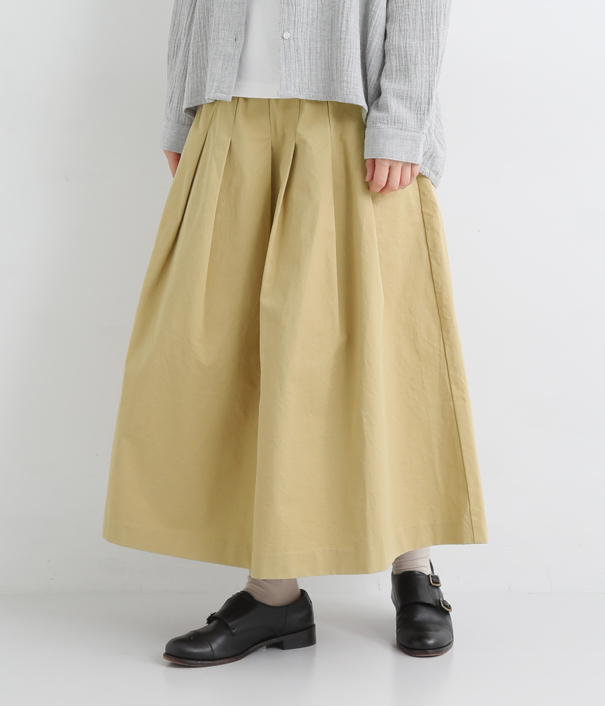 コットンツイル タックサイドリボンスカート(ベージュ-ONESIZE)