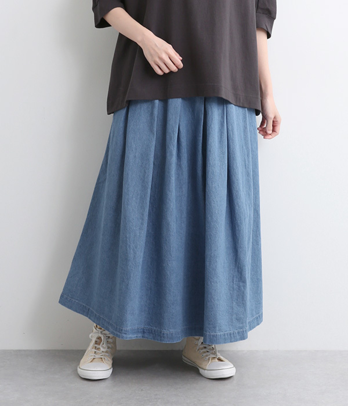 6オンスコットンリネンデニムダーツプリーツスカート(ライトインディゴ-ONESIZE)