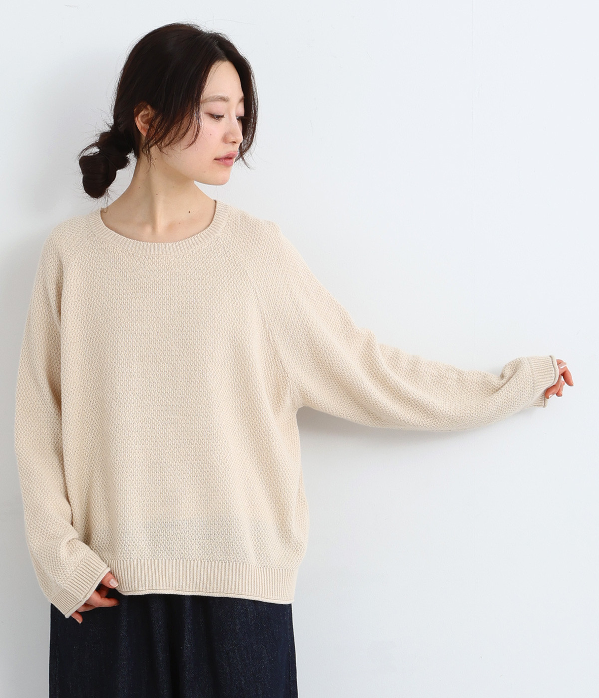 コットンリネンニット ラグランプルオーバー(ライトベージュ-ONESIZE)