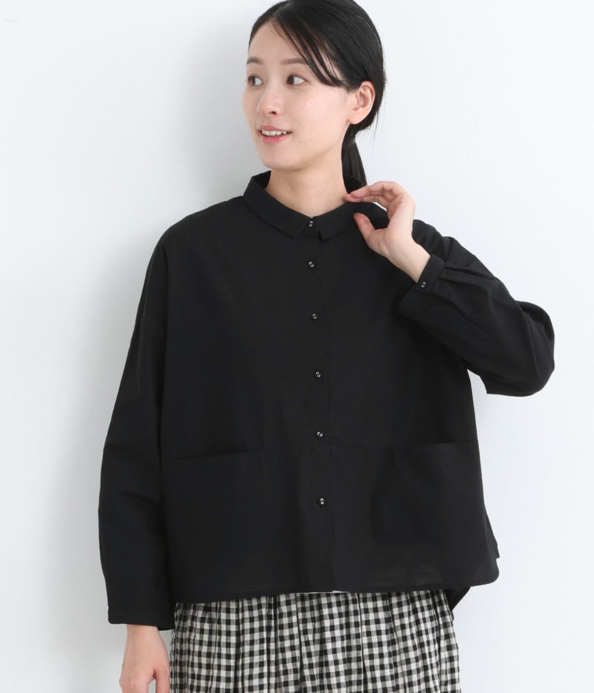コットンリネン平織り 切替ワイドシャツ(ブラック-ONESIZE)