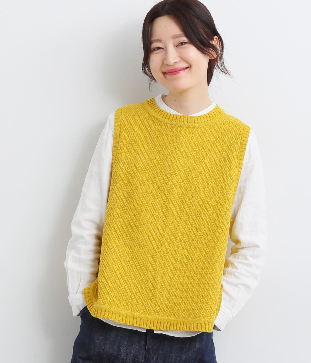 コットン  鹿の子編みサイドスリットベスト(イエロー-ONESIZE)